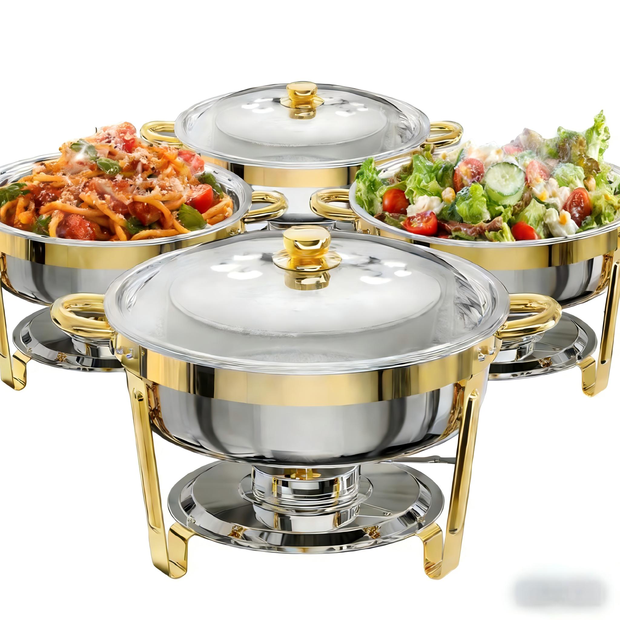 Aobtkel Golden Round Stainless Steel Buffet Catering Pans - 4-Piece Set, Stackable, 5 Qt Capacity, 2-Piece Set Compatible, for Home, Outdoor & Formal Events Kitchenware