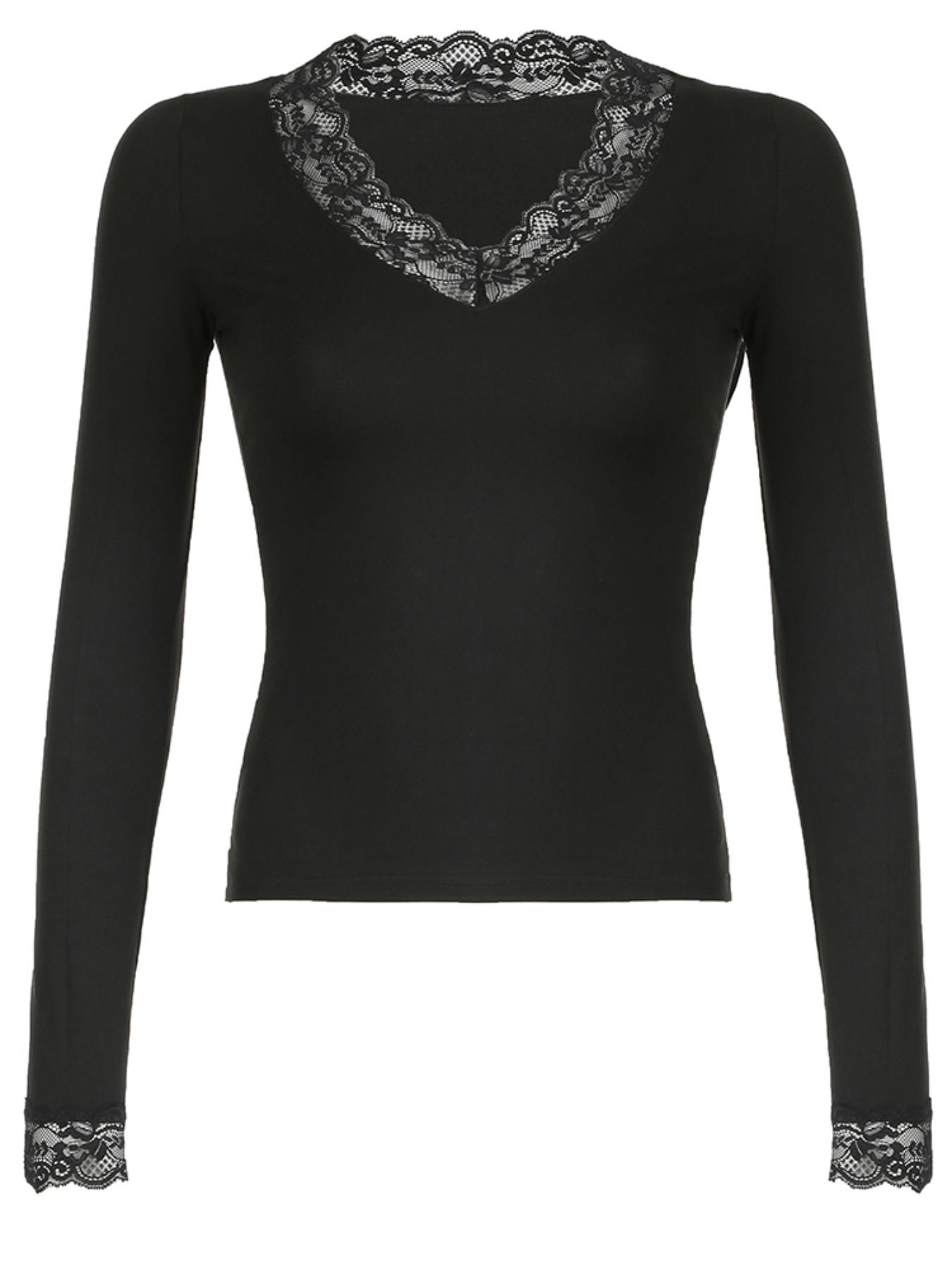 Women's Contrast Lace V Neck Tee, Elegant Long Sleeve Top for Daily Wear, Ladies Clothes for All Seasons