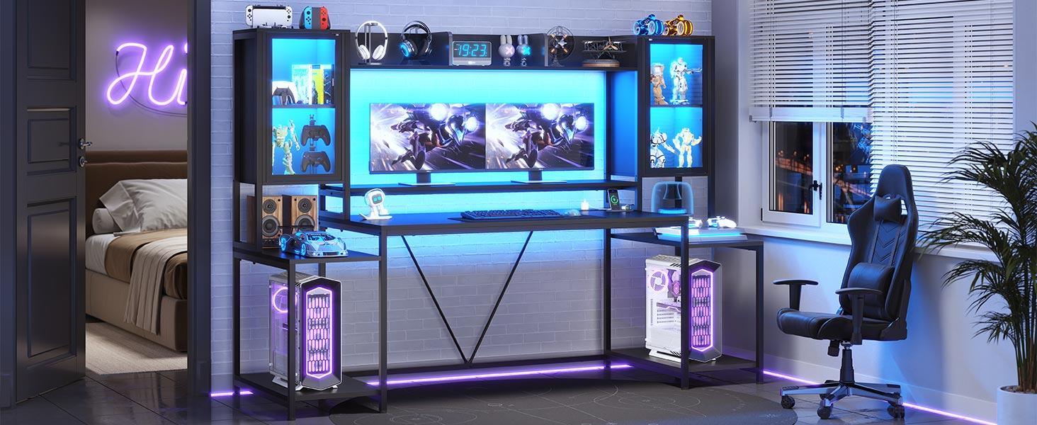SEDETA 74.8-Inch Gaming Table with LED Lights and Storage Shelf, Computer Table with Monitor Stand Ergonomic gaming desk Gamer Desk standing desk