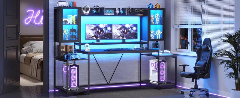 SEDETA 74.8-Inch Gaming Table with LED Lights and Storage Shelf, Computer Table with Monitor Stand Ergonomic gaming desk Gamer Desk standing desk
