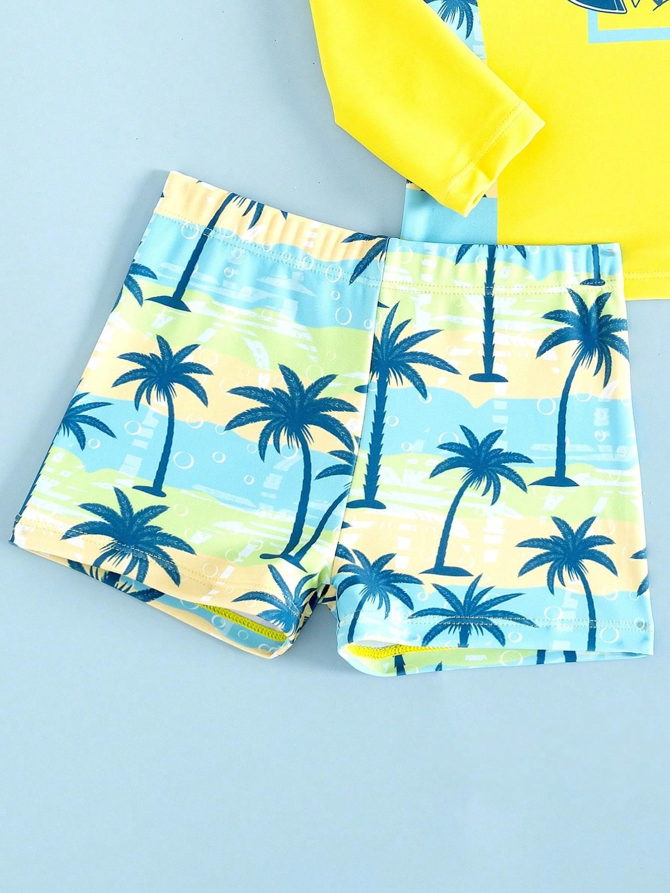 Surf Coconut Tree Swimsuit, Bright Colorblock Long Sleeve Sun Protection Quick-Dry Two-Piece Set, Kids Swimwear