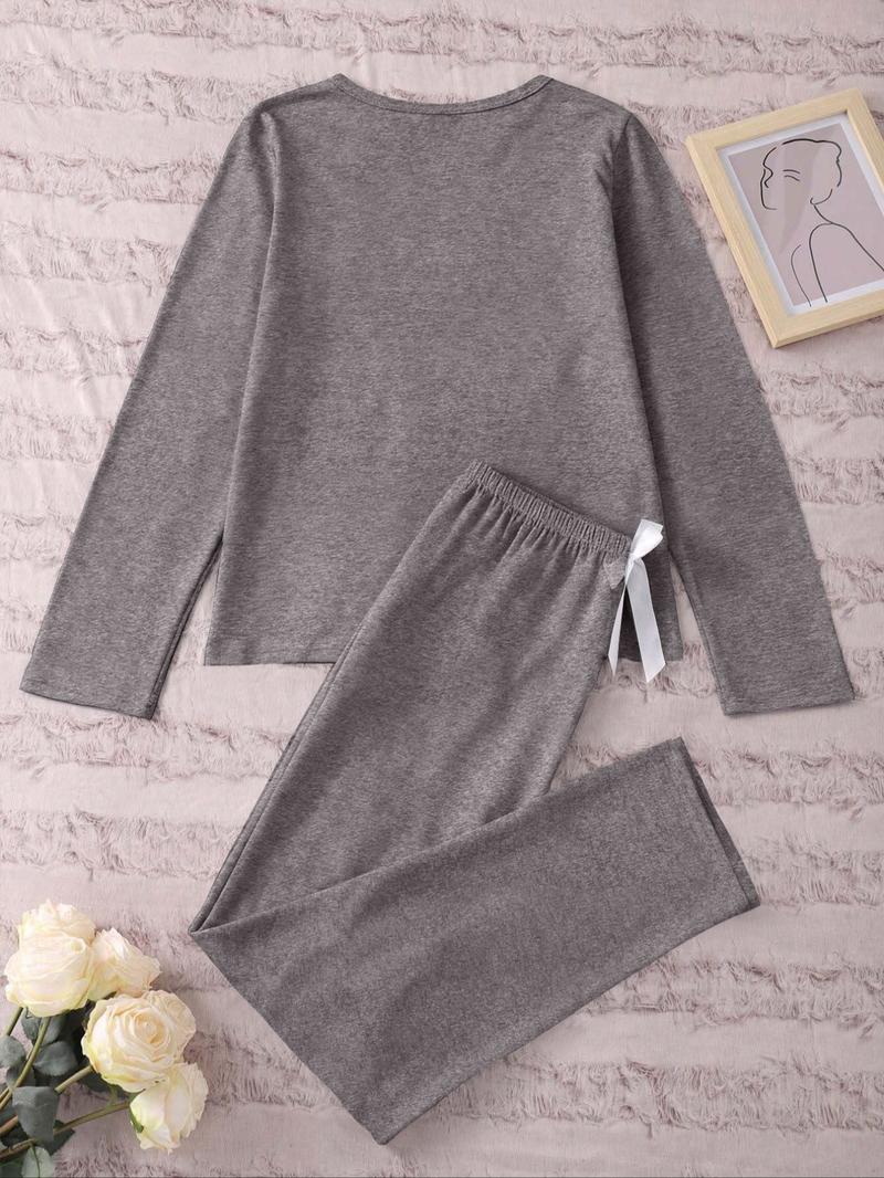 Women's Long Sleeve Pajama Set Cartoon Heart Sausage Dog Print, Casual Fitted Sleepwear Loungewear for Spring & Fall, Comfortable Kint Fabric