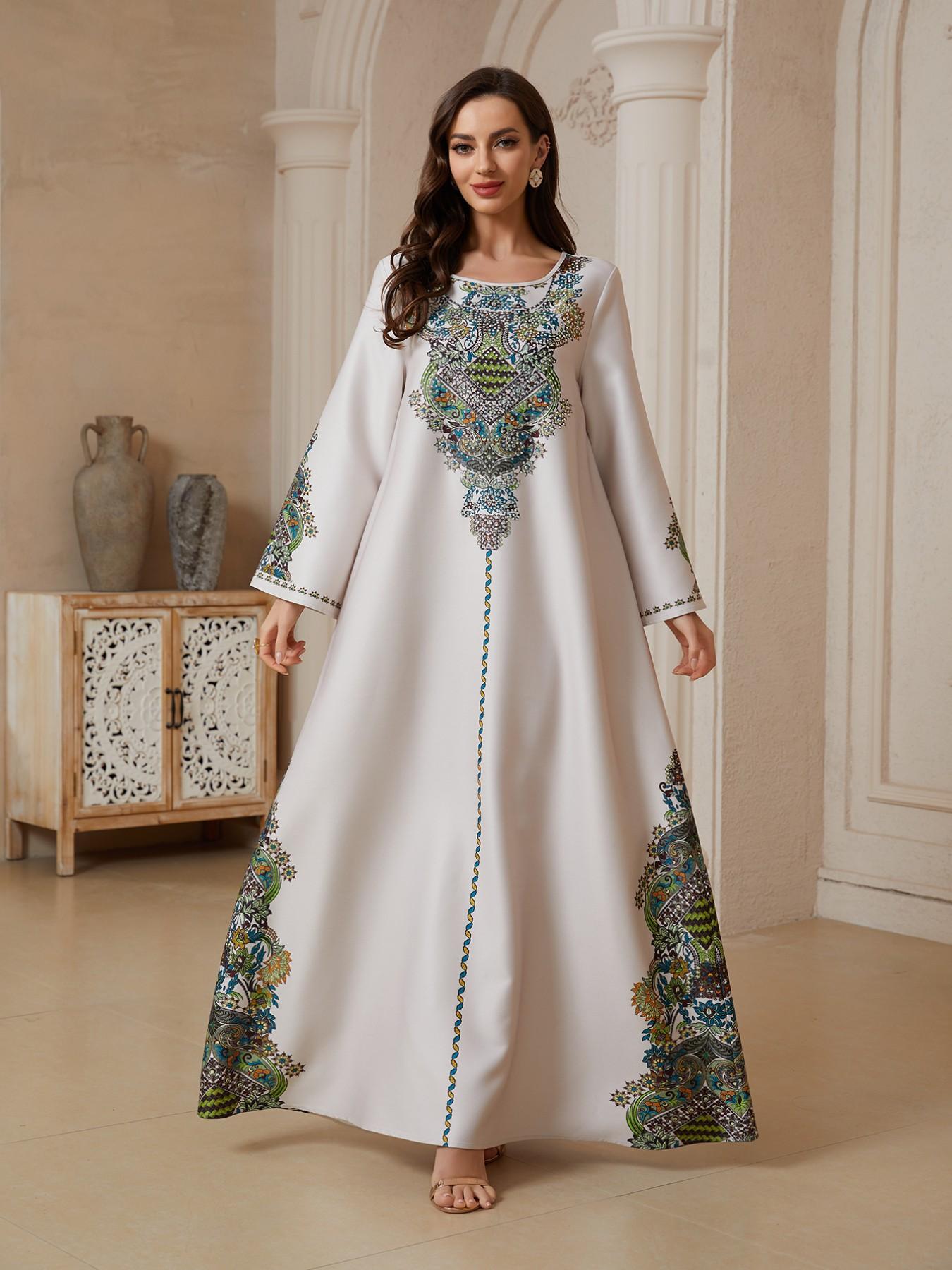 Women's Retro Totem Coconut Flower Print Robe, Dubai Style Kaftan Evening Gown, Eid Al-Fitr Festival Abaya, Traditional Middle Eastern Dress