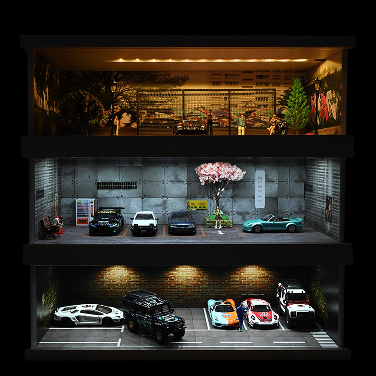Diorama 1:64 Scale Car Garage Model With LED Lighting Fits For 1/64 Hot Wheels Diecast Model Car City Street Car Parking Lot Backdrop Display Model  Collection Toy Gift with Acrylic Dust Door