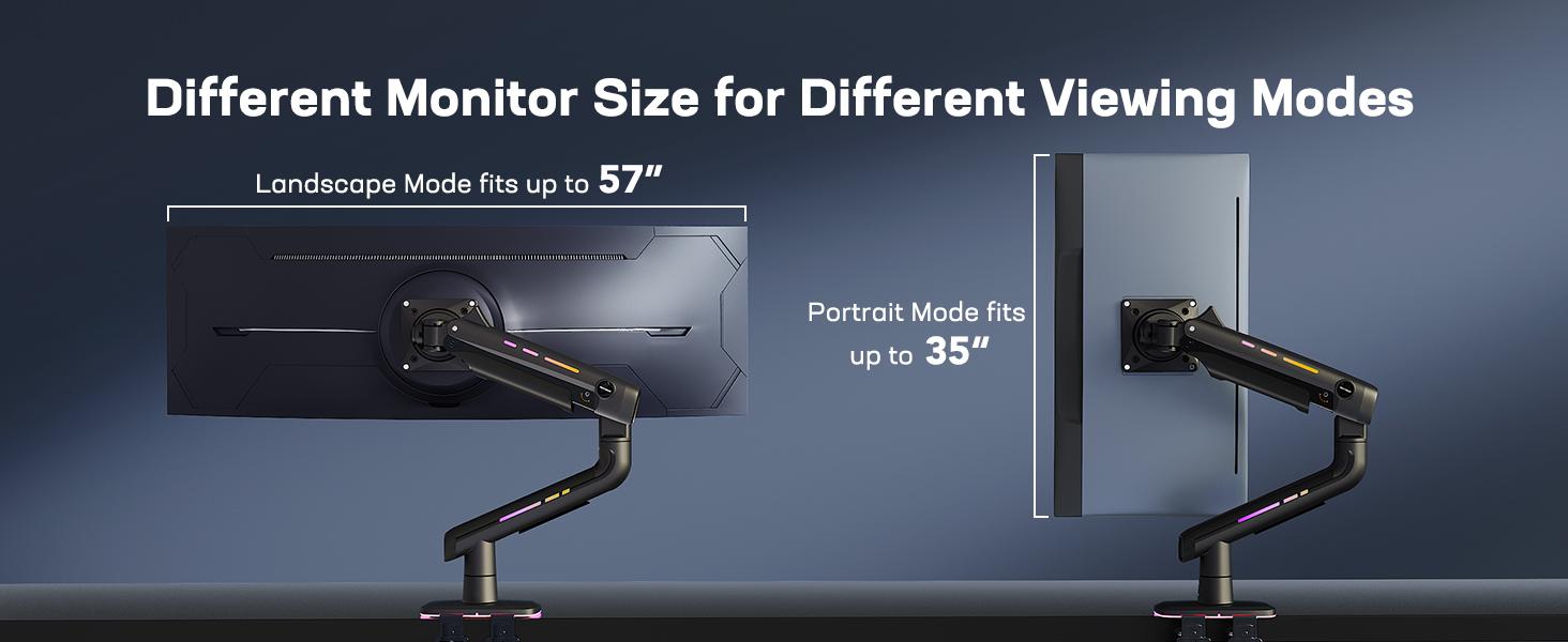 HUANUO RGB/Non-RGB Monitor Arm for Ultrawide Screens up to 57″/49'', Heavy-Duty Single Mount Holds 44 lbs, Fully Adjustable Gaming Monitor Arm with C-Clamp & Grommet Base, Max VESA 100 x 100mm