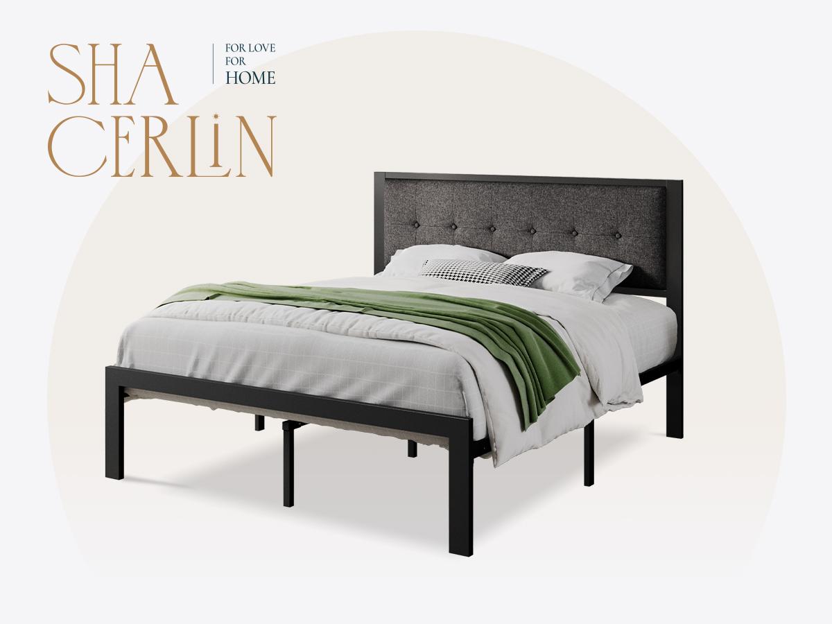 SHA CERLIN Grid-Tufted Uphoelstered Platform Bed Frame with Linen Fabric/Faux Leather Headboard,【Frame Only No Mattress】Metal Slats Supports,Twin/Full/Queen/King Size, Noise-Free,No Box Spring Needed#ChristmasGifts#TikTokShopBlackFriday