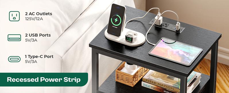 Huuger Night Stand with Charger Station and LED Lights, 2 Drawer Nightstand, Bed Side Table with Open Shelf, End Table, Fabric Dresser for Bedroom