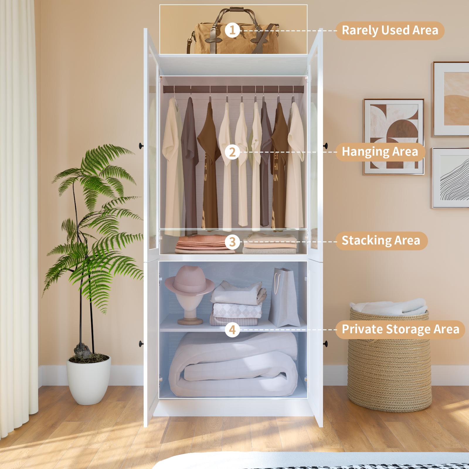 【2 Packages Delivery】VOWNER 71'' White Wardrobe Closet with Fluted Glass Door, 2 Drawer & Shelf, Wood Armoire Storage Cabinet for Bedroom