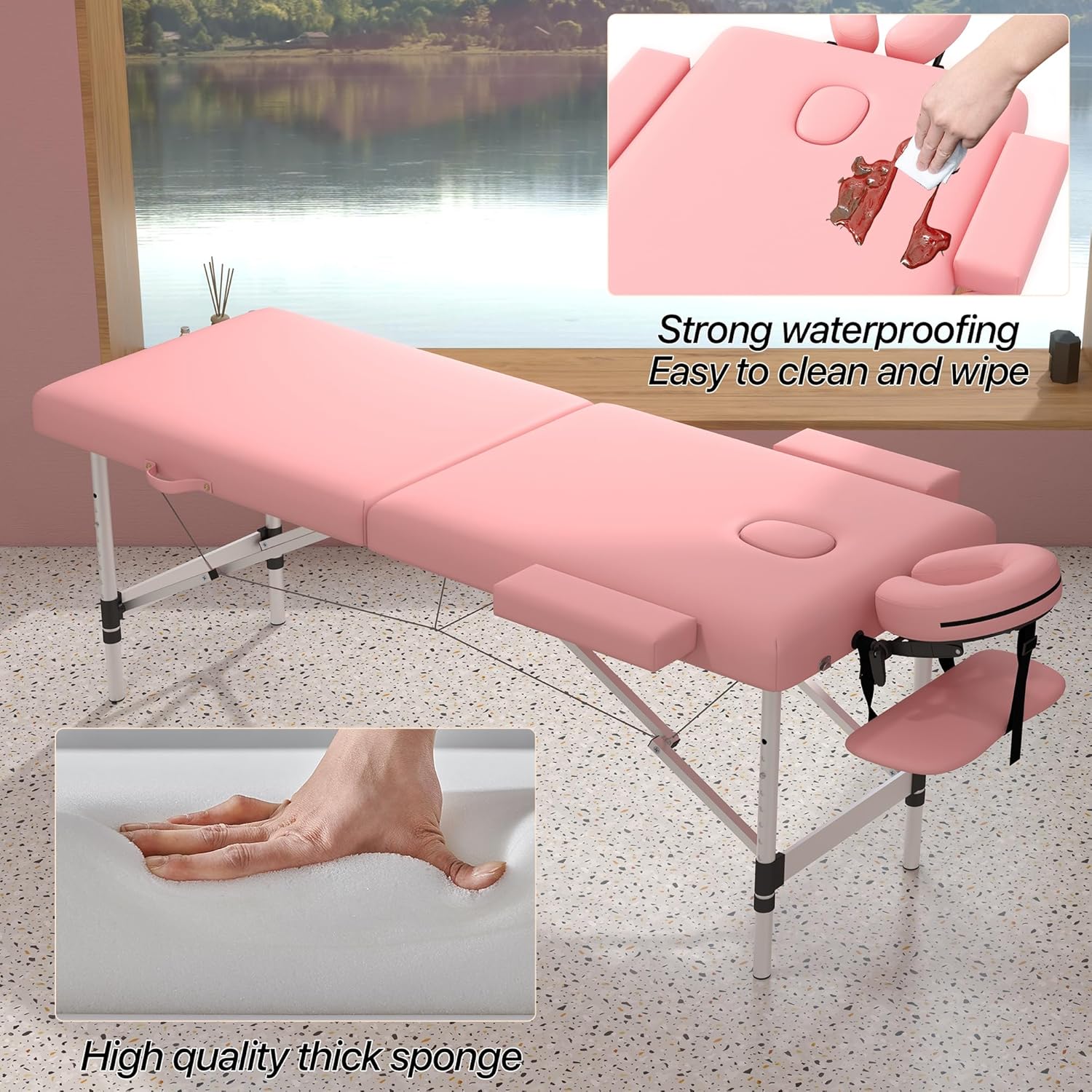 Massage Table Portable Height Adjustable Massage Bed Lightweight Foldable Spa Lash Tattoo Esthetician Bed 24" Wide Aluminum 2 Fold with Carrying Case Brown