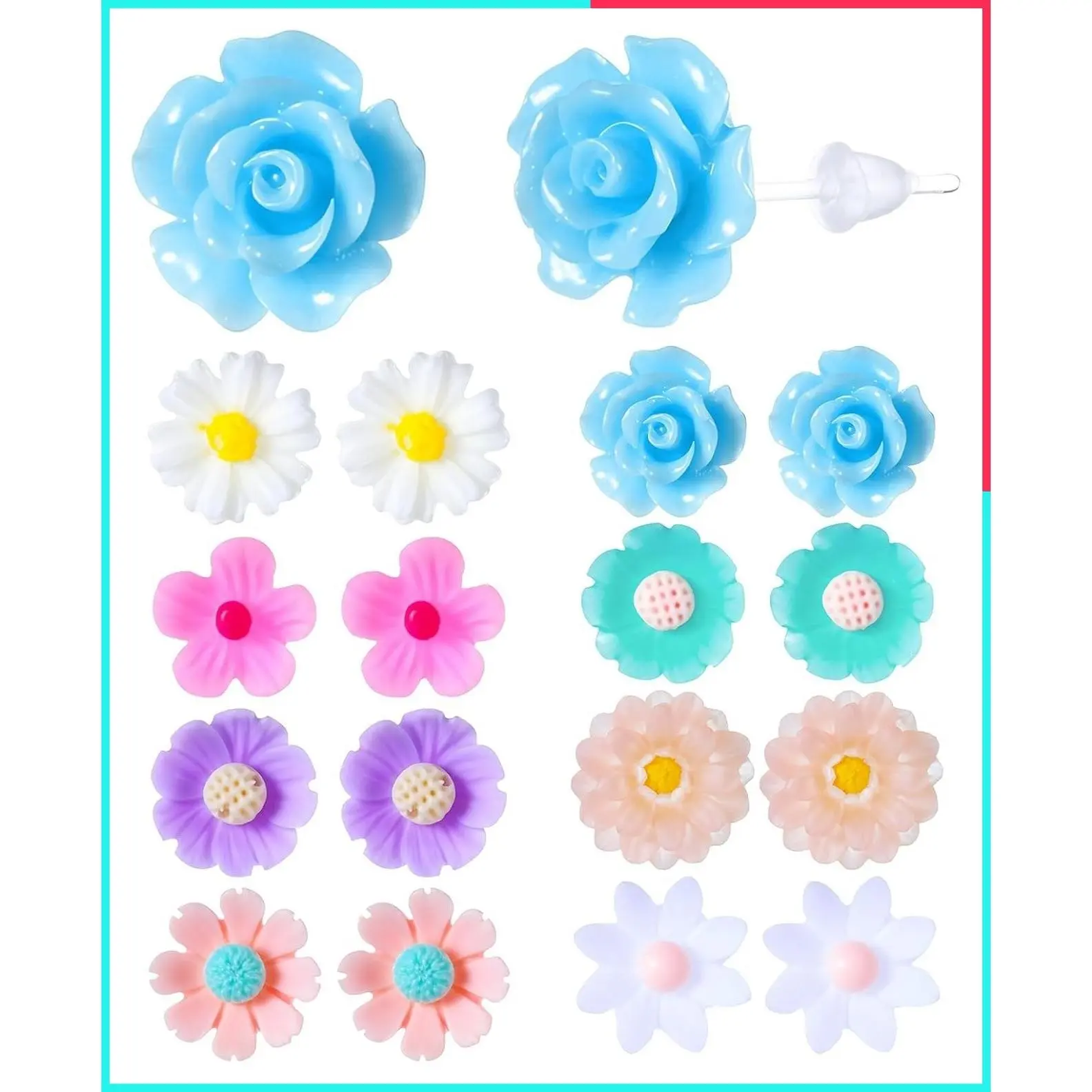 8 Pairs Flower Stud Earrings for Women - Hypoallergenic Plastic Post Earrings for Sensitive Ears