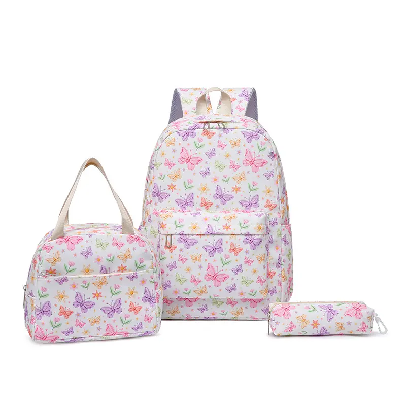 3 Piece Butterfly Print School Backpack Combo, Trendy Casual Pencil Case for Girls, Large Capacity Student Shoulder Bag with Insulated Handheld Lunch Bag & Pencil Pouch for Kids Teens
