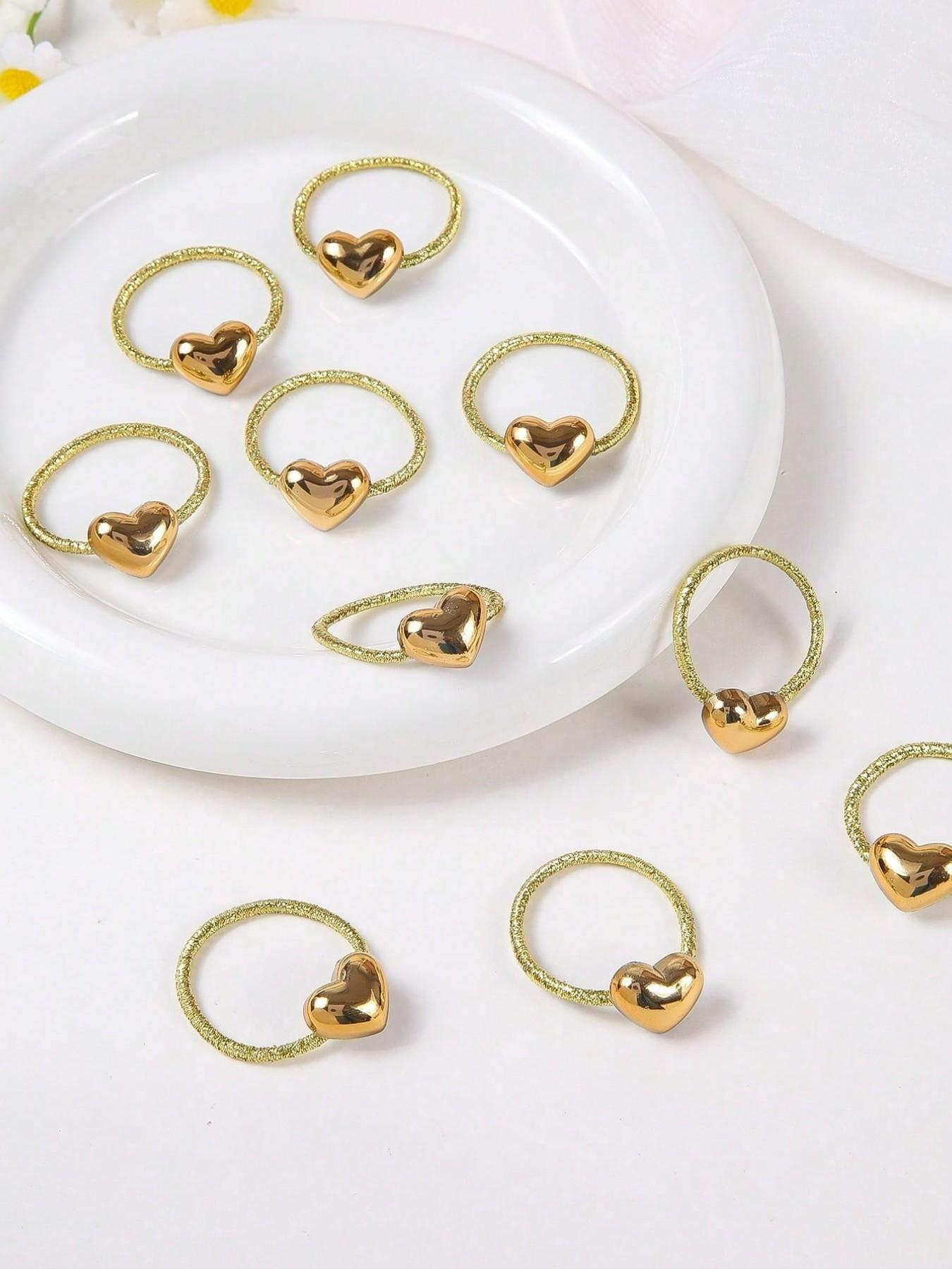 Mini Heart-Shaped Metal Elastic Hair Bands, Scrunchies, Hair Ties, Pack of 10, Cute and Versatile, Suitable for Girls and Teens, Gentle on Hair