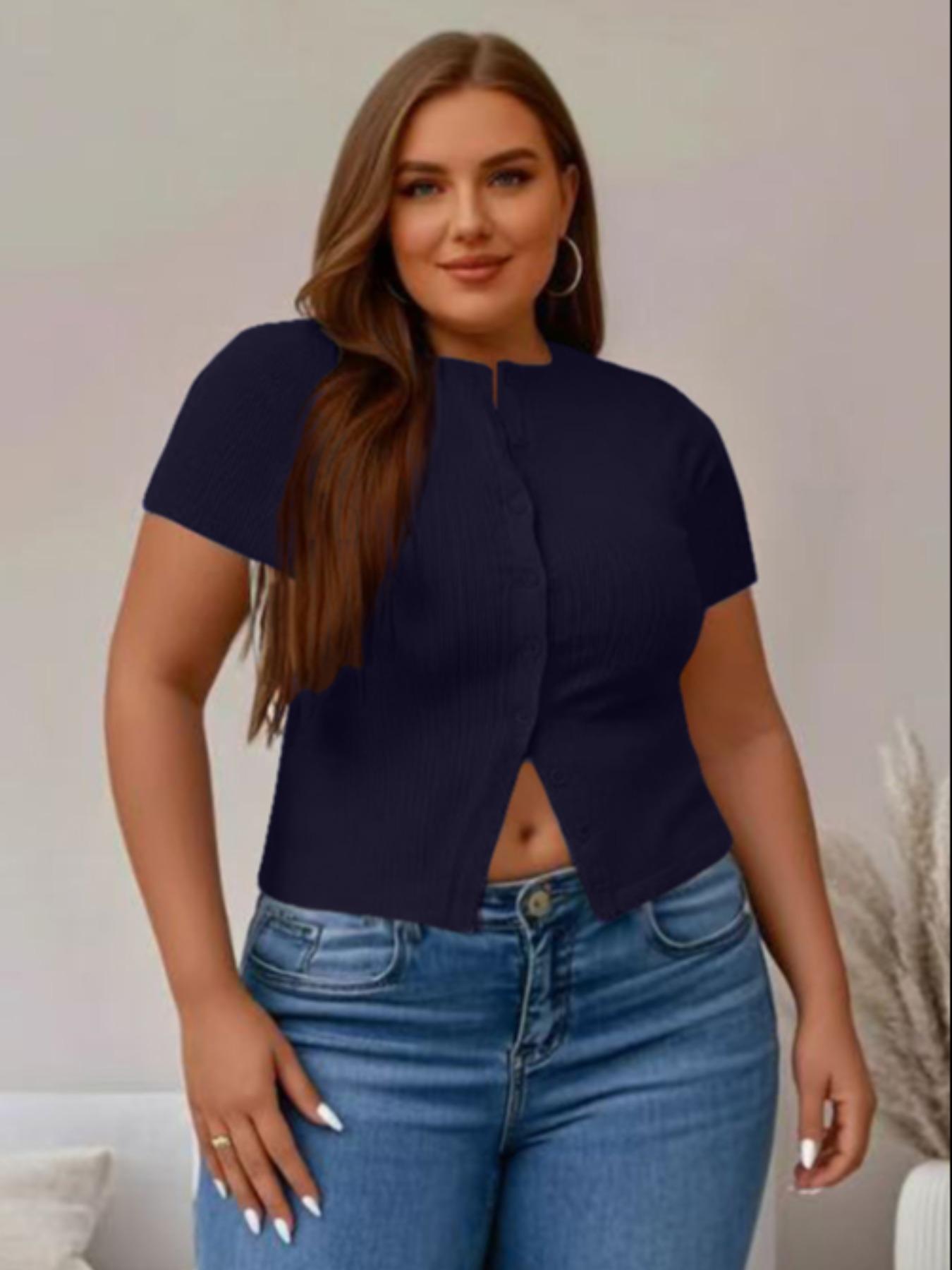 【Plus Size】 Solid Ribbed Short Sleeve Top, Casual Button Front Top for Summer, Women's Plus Clothing for Daily Wear 【Plus Size】 Solid Ribbed Short Sleeve Top, Casual Button Front Top for Summer, Women's Plus Clothing for Daily Wear