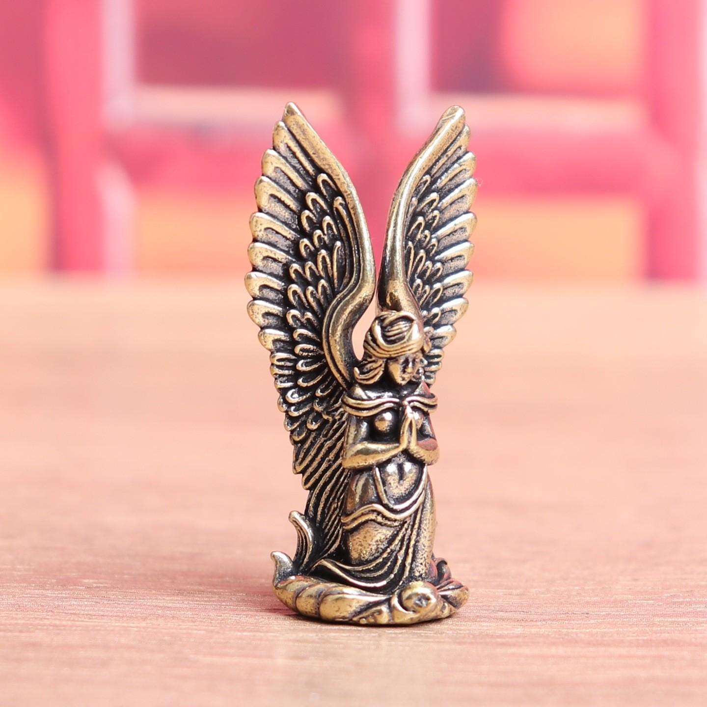 Pure Brass Goddess Angel Guardian Antique Home Decor, Retro Style Desktop Tea Pet Sculpture, Love God Desk Ornament, Girlfriend Gift (4.9cm*2cm)