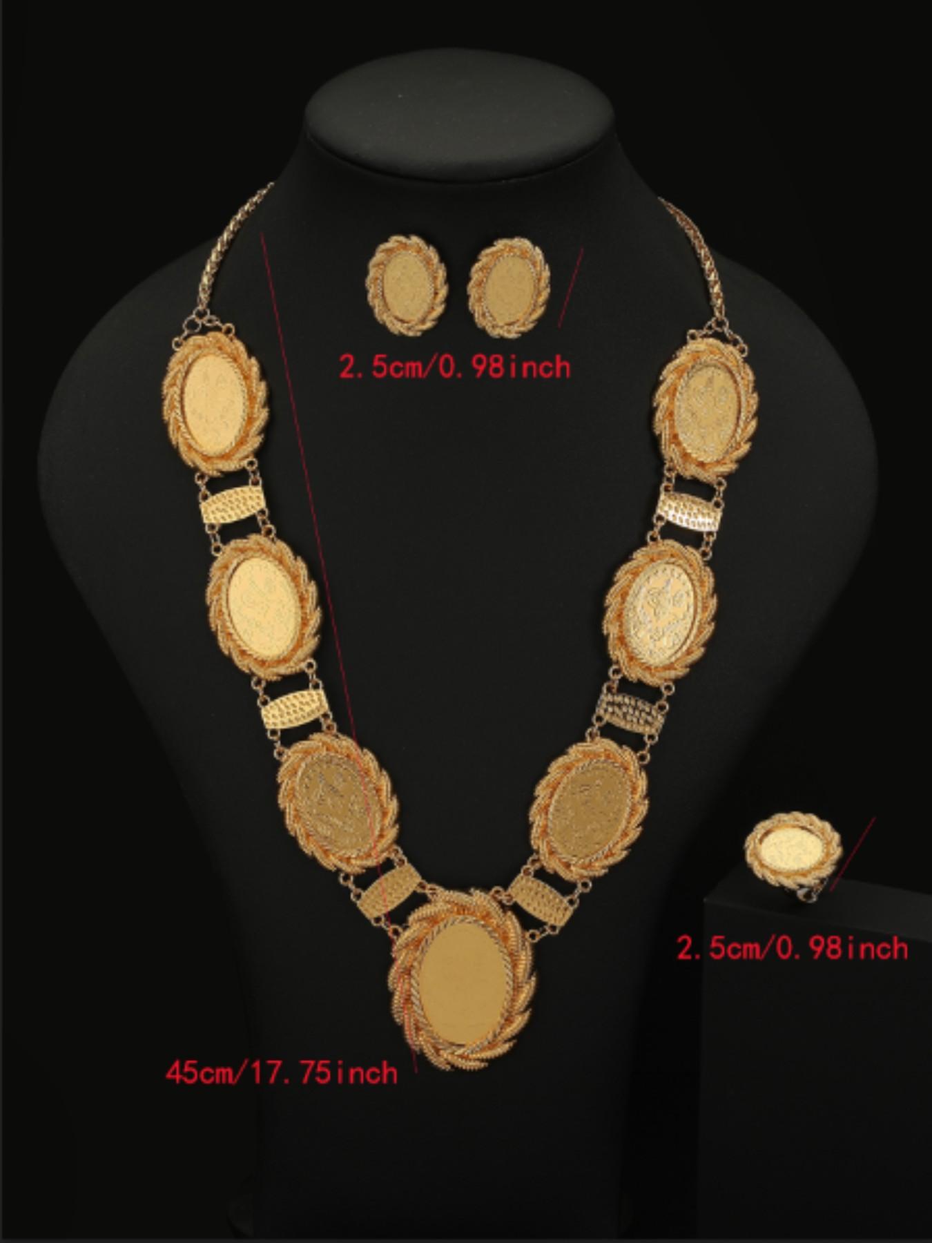 Vintage Turkish Oval Gold Coin Jewelry Set, 18k Gold Plated Luxury Exotic Accessories, Casual Stainless Steel Chain, All Seasons