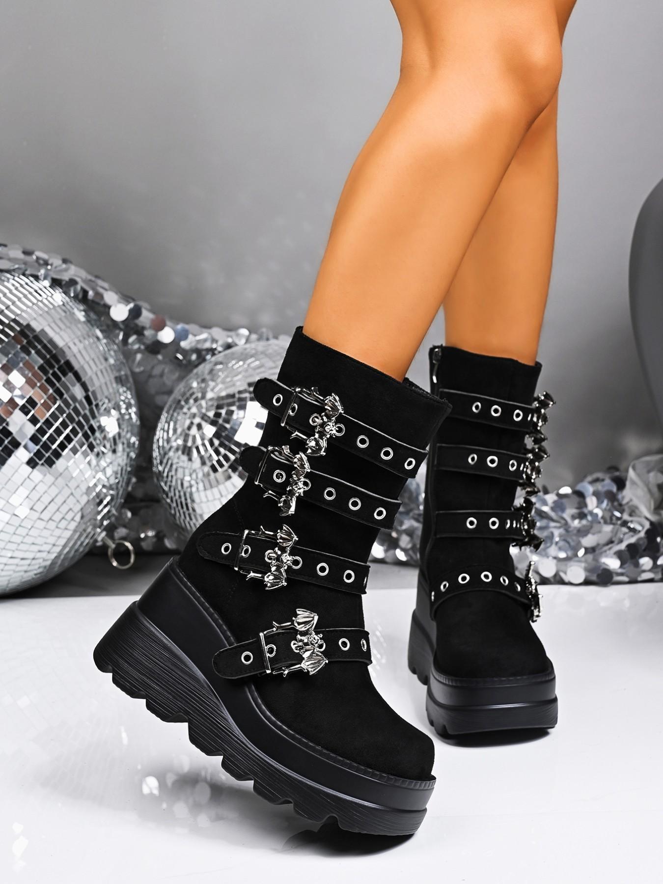 Vintage Gothic Four-Row Bat Metal Buckle Platform Boots, Casual Goth Boots, Side Zipper Design, Height-Increasing Slope Heel, Punk Motorcycle Boots Footwear, Boots Shoes