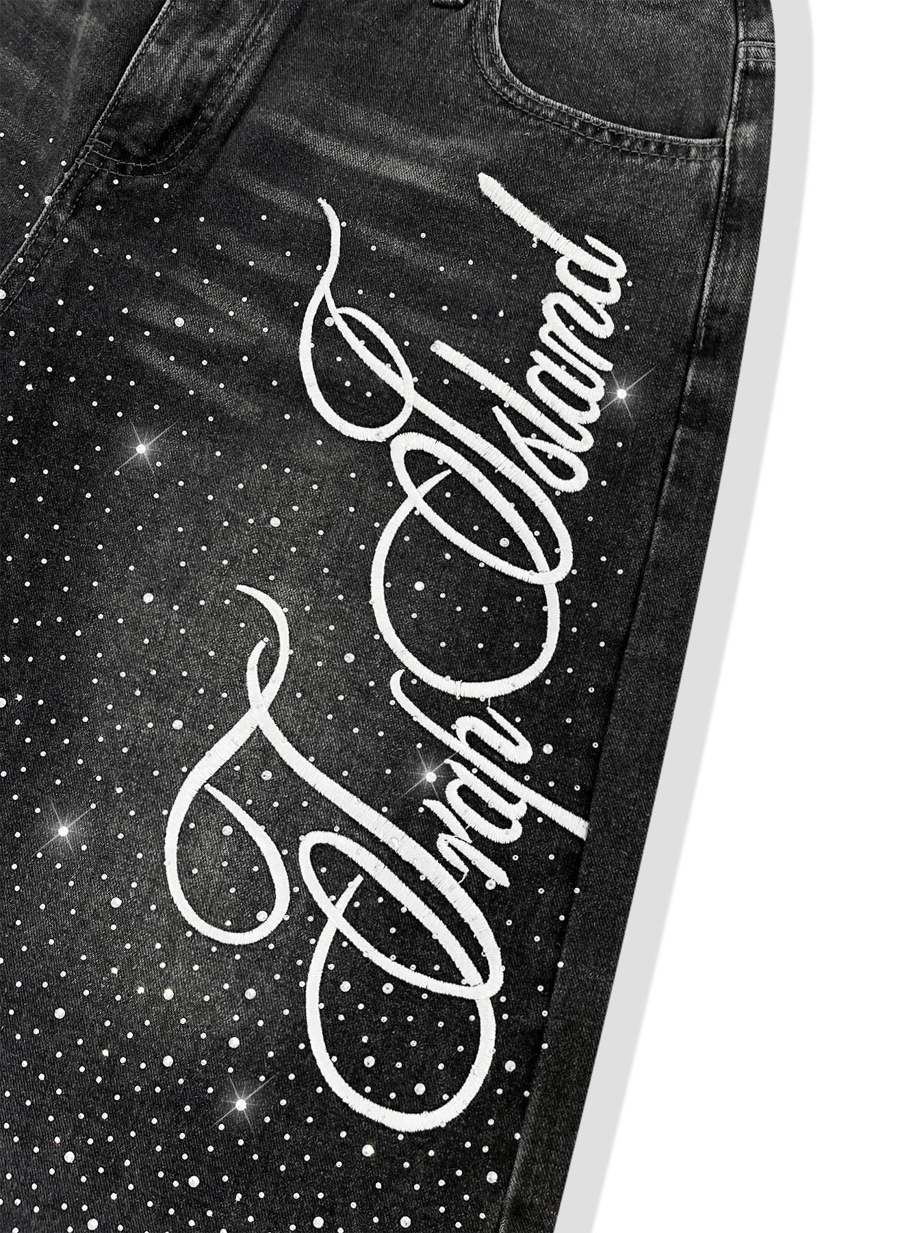 Studded Embroidered Casual Jeans, Seven-Quarter Denim Jeans, High Waist, Letter Embroidery, American Street Style, Fashion Daily Wear