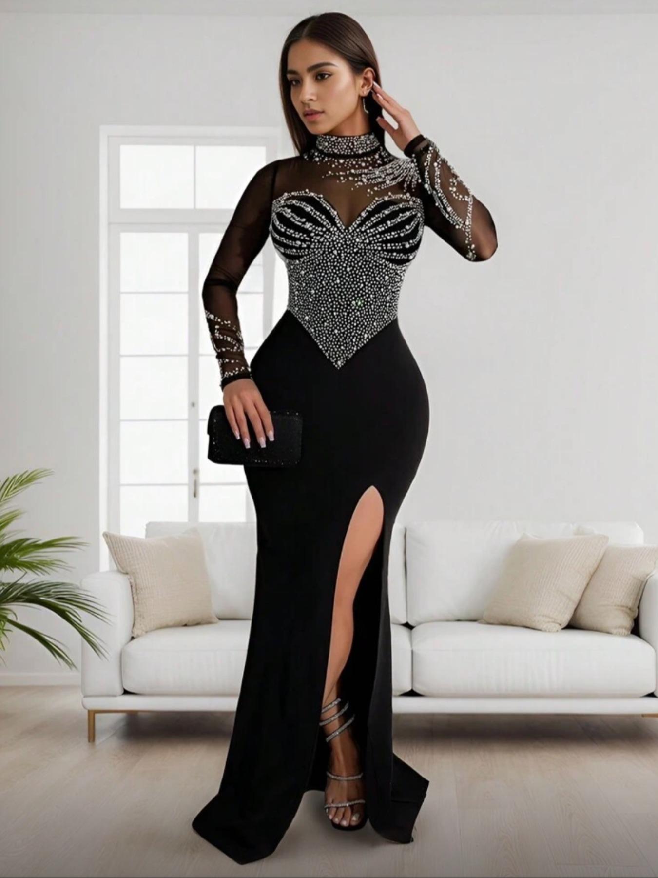 Women's Rhinestone Decor Contrast Mesh Split Thigh Slit Bodycon Dress, Elegant Long Sleeve Stand Collar Evening Party Formal Wear Gown, Ladies Clothes for All Seasons