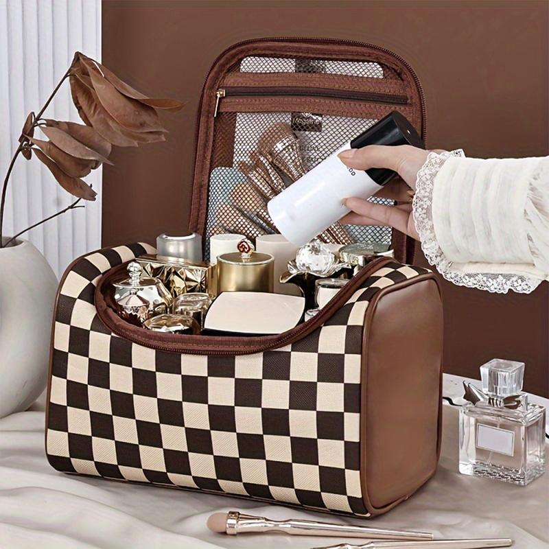 Checkerboard Pattern Makeup Bag, 1 Count Large Capacity, Portable Makeup Brush Organizer, Cosmetic Storage Bag for Home & Travel, Travel Cosmetic Bags