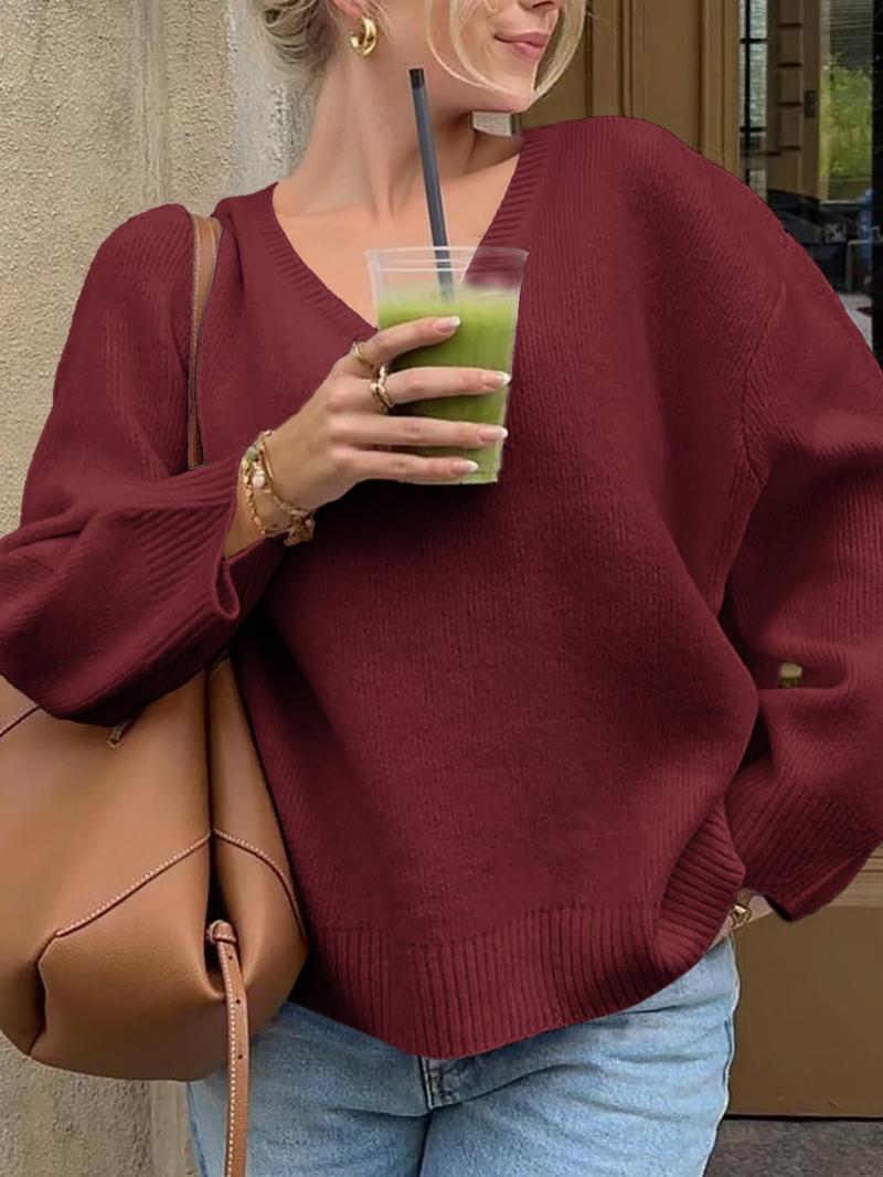 Pure Color Casual V-Neck Long Sleeve Loose Knit Sweater, Fitted Style for Fall, Comfortable and Stylish Women's Pullover