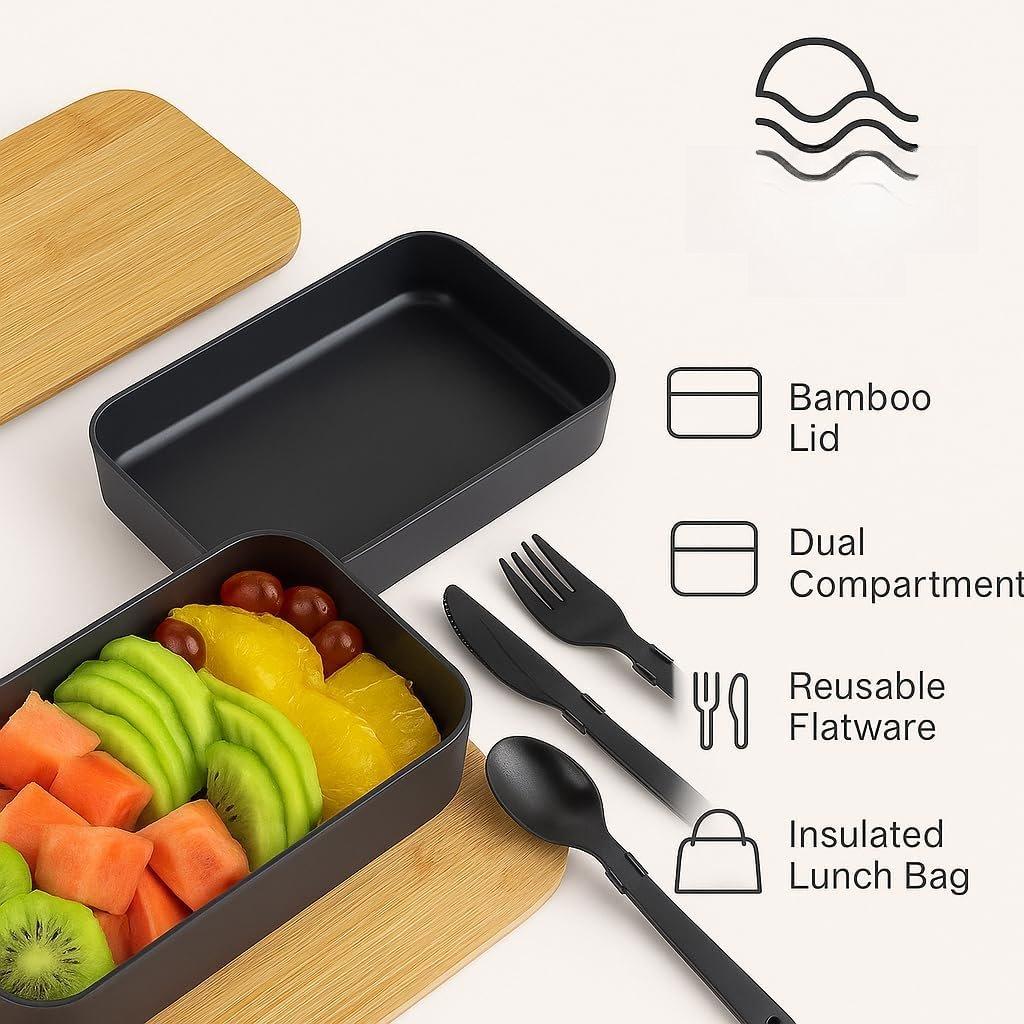 Bento Box Set for Adults - Dual Tier Lunch Box with  Lid, Utensils & Insulated Bag,  Meal Prep Container for Work, Travel & Portion Control (Black)
