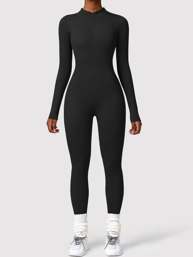 Women's Solid Color Zipper Long Sleeve Jumpsuit, Casual Sporty Comfortable One-Piece, Perfect for Yoga Gym Exercise, All Seasons Women's Sports Wear, Workout Jumpsuit