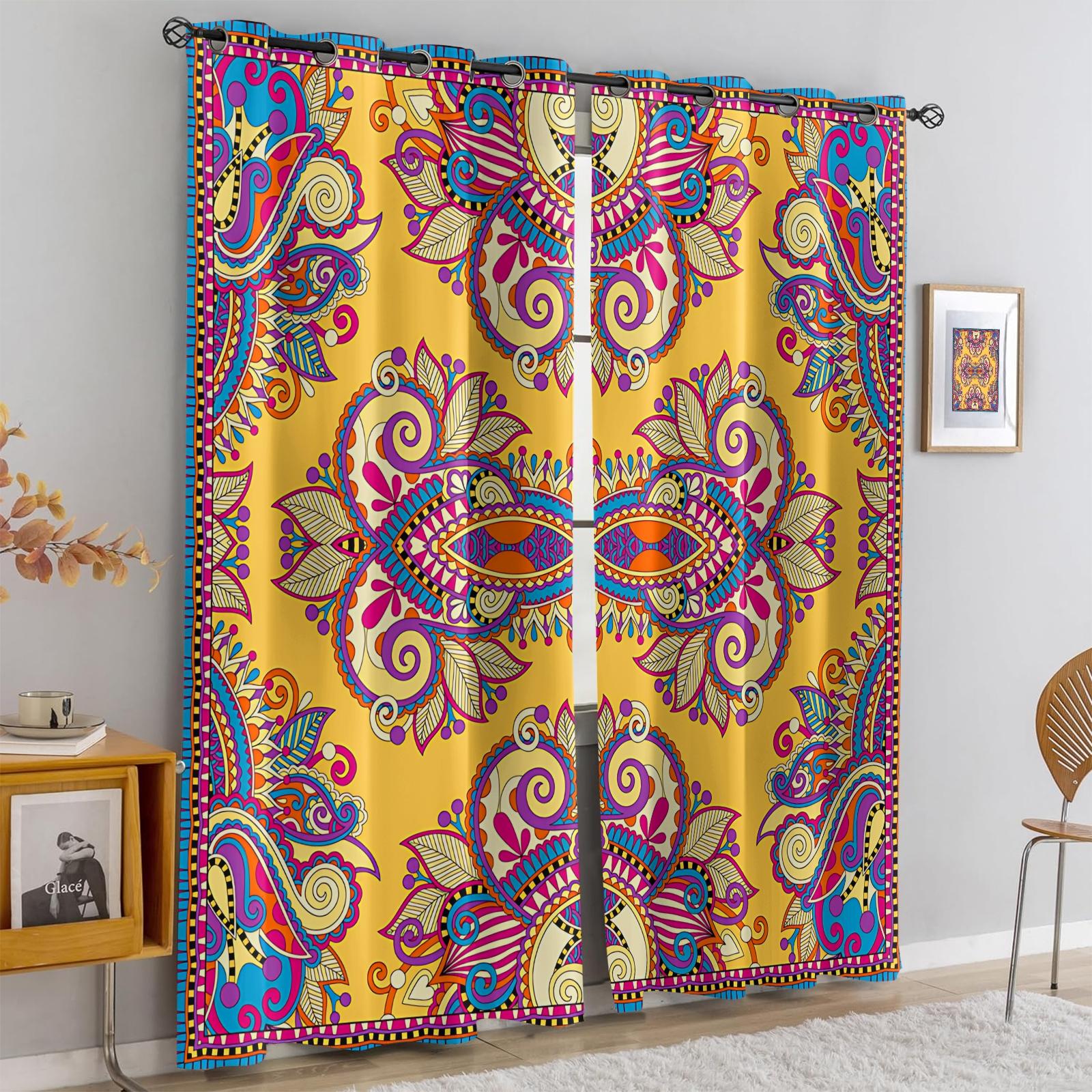 2 Panels Set Boho Paisley Digital Print Window Drapes, Vintage Ethnic Style Darkening Grommet Curtains, Thermal Insulated Privacy Blackout Drapes, Decorative Window Treatment for Living Room, Bedroom, Dorm, Home Office