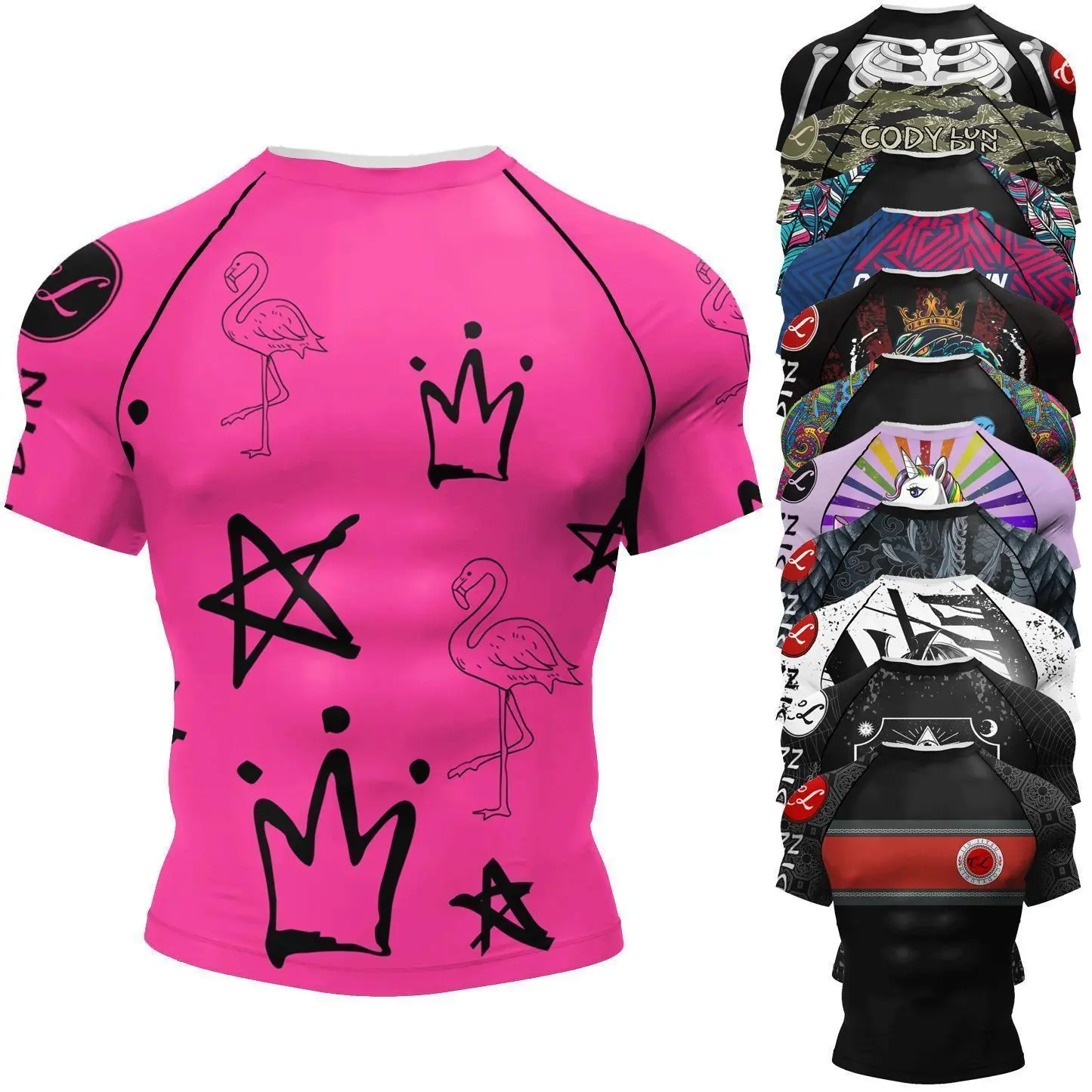 Short Sleeve Pink Mens Jiu Jitsu BJJ No Gi Rash Guard Sublimation Men Running Training T-shirts Strech Fitness Tees