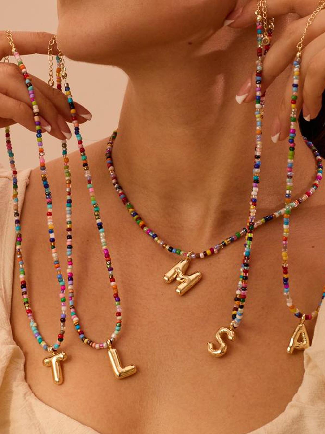 Women's colorful letter necklace, bubble-shaped initial necklace, handmade beaded necklace, exquisite and cute beach Bohemian style necklace, Mother's Day gift, back-to-school season necklace gift, Teacher's Day necklace gift