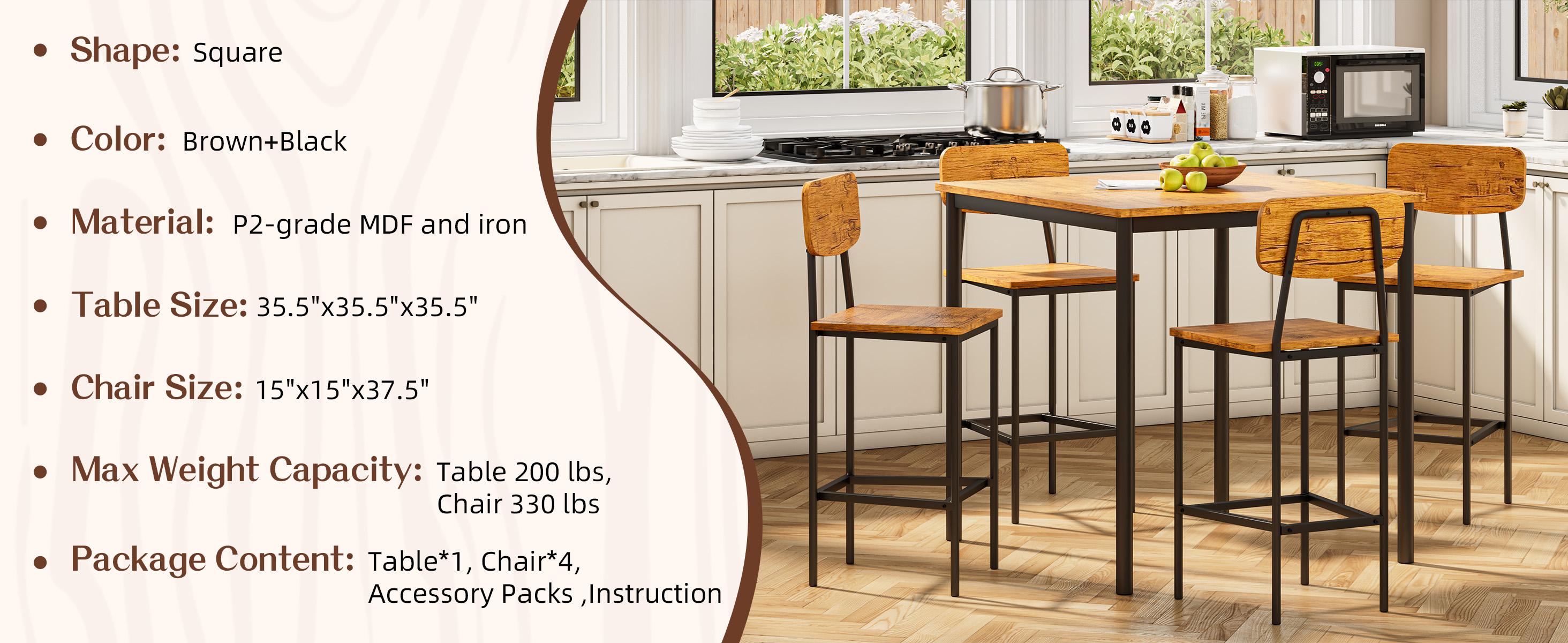 4-Piece Kitchen Dining Set, Ironwood Square Table, Suitable for Small Spaces, Home Kitchens, Apartments, Bars