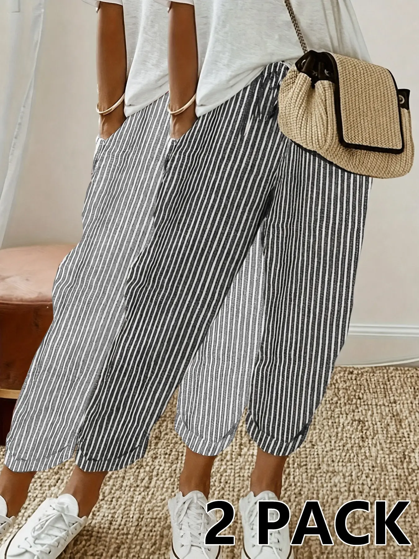 2026 Women's Striped Cropped Jogger Pants, High Waist with Drawstring, Side Pockets, Cuffed Ankle Hem, Breathable Lightweight Fabric