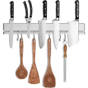 17 Inch Magnetic Knife Holder for Wall, Adhesive Knife Magnetic Strip No Drilling with 12 Hooks, Powerful Magnetic Knife Strip, Magnetic tool Holder for Kitchen Knives & Utensils (Silver)