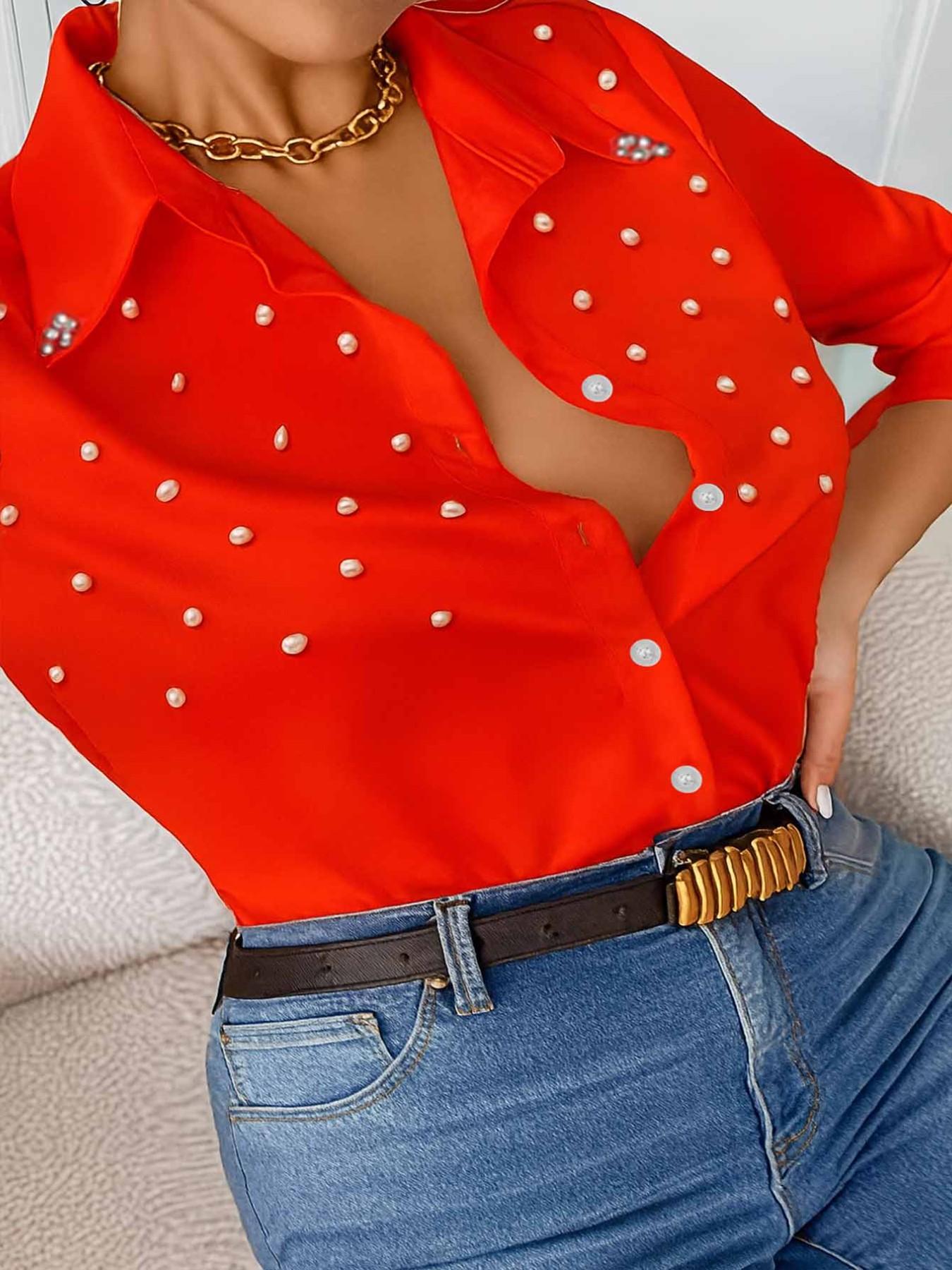 European and American style lapel long-sleeve fitted shirt blouse for women, fashionable pearl beading design, elegant temperament top