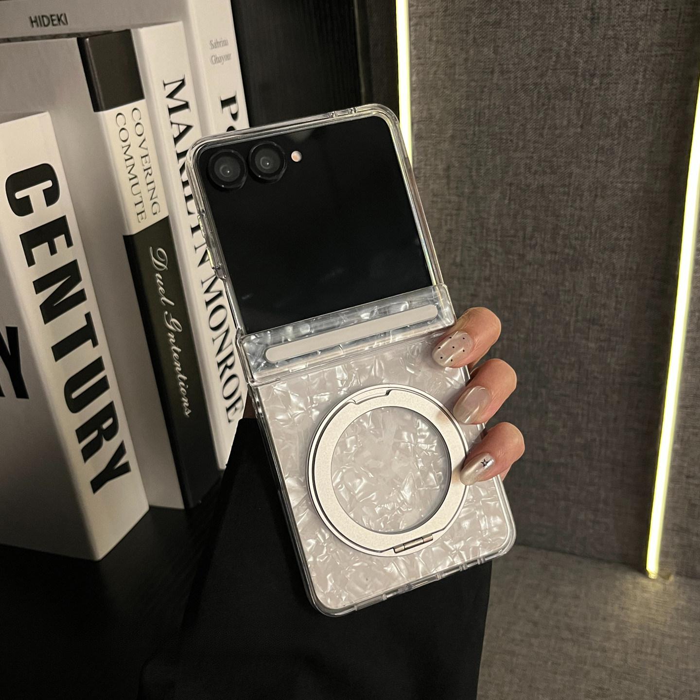 Korean Style Premium Shell-Pattern Center Pivot Stand Case, Flip & Foldable Anti-Drop Protective Cover for Samsung Galaxy Z Flip 7 FE / Z Flip 7 / Z Flip 6 / Z Flip 5