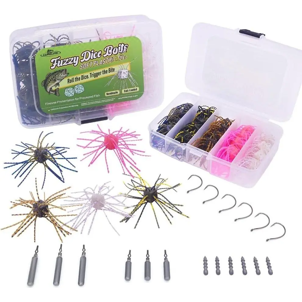 Fuzzy--Bass-Fishing-Lure-Kit-Soft-Plastic-Cube-Baits with Wacky Hooks &  Weights,Drop Shot Weights - Finesse  for Smallmouth & Largemouth Bass, FFS Optimized