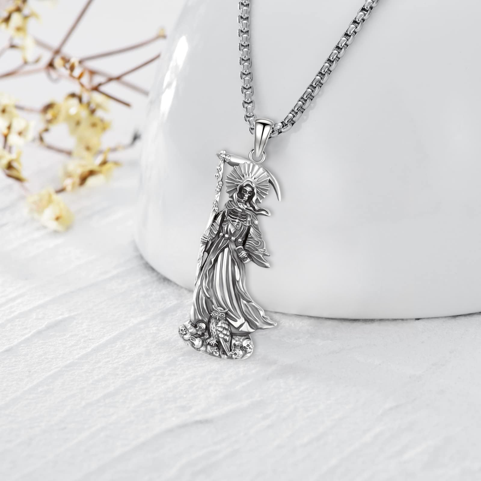 Thanches Santa Muerte Necklace S925 Sterling SIlver Death Holy Amulet Jewelry Gift  Magic Wiccan Pagan Protection for Women Men