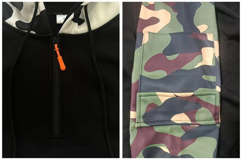Stitching Hooded Men's Fashion Camouflage American Vintage Zipper Sweater Loose Fit Pullover with Top Stitching Slit Pocket in Red Army Green Blue Gray