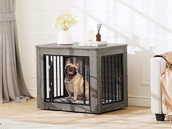 DWVO Dog Crate Furniture for Large Dogs, Side End Table, Modern Dogs Kennel Indoor up to 60 lb, 2-in-1 Iron-Wood Fusion Dog Cage with Waterproof Top, Safety Corners, Steel Lock