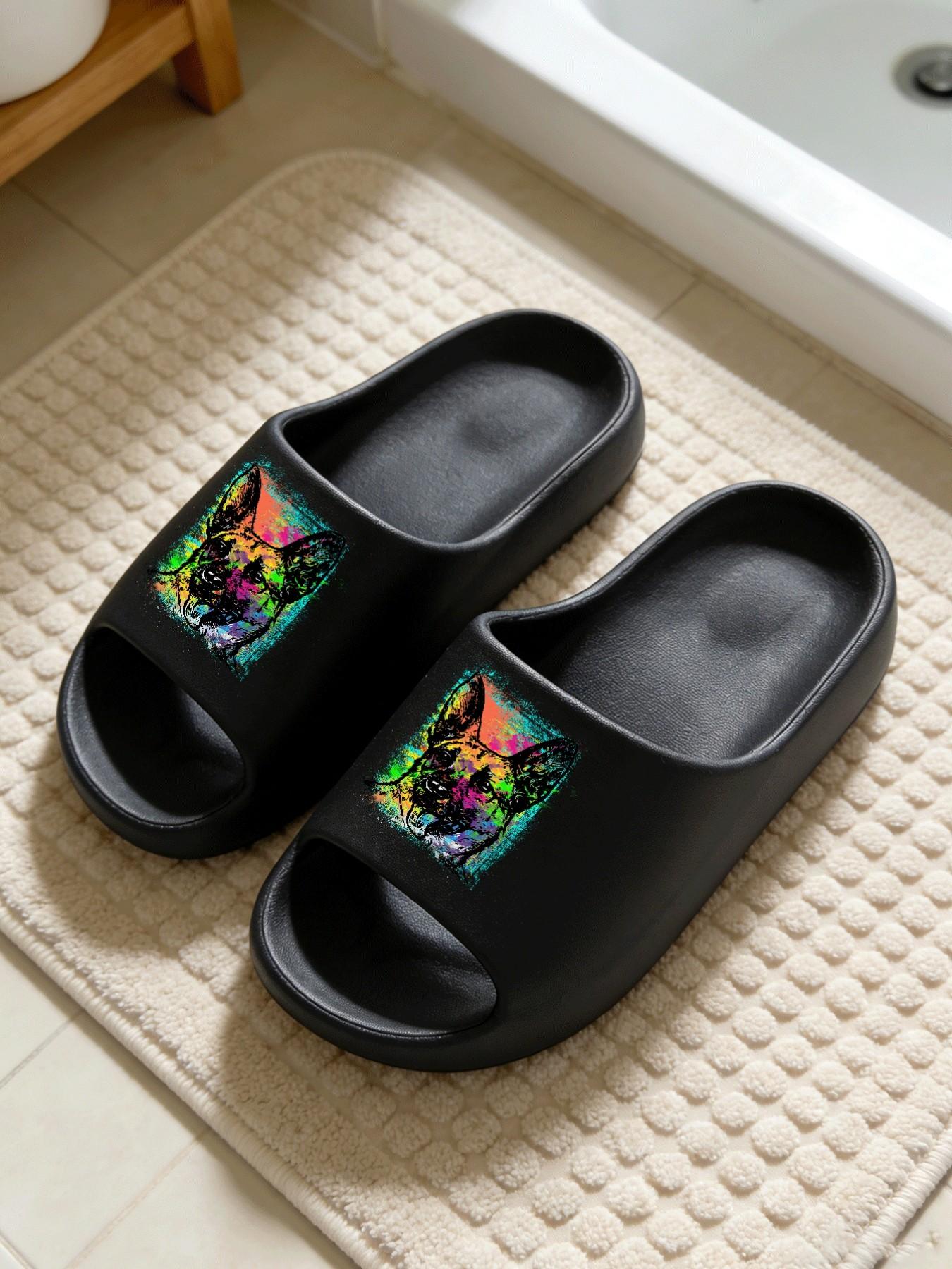 Colorful Graffiti German Shepherd Thick-Soled Slippers, Trendy Art Style Cloud Cushion Non-Slip Slides, Casual Indoor & Outdoor Couple Sandals