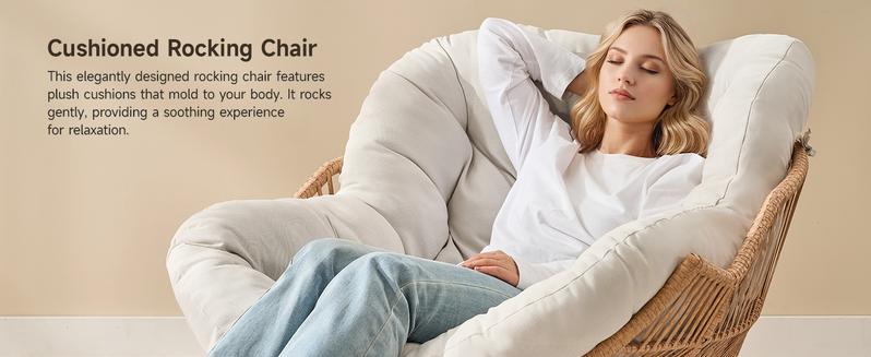 【Double-Side Fabric & Valentine's Day gift】ONBRILL Oversized Indoor Outdoor Rocking Chairs, Comfy Papasan Rocking Chair with Padded Cushion, Rattan Wicker Lounge Chair, Modern Reading Accent Chair for Balcony Garden, LivingRoom Furniture,Christmas Gift