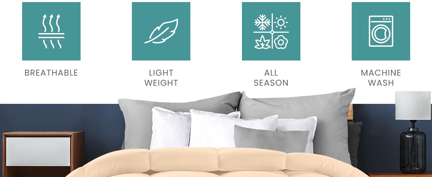 Bedding Duvet Insert, Comforters Queen Size 88 x 88 Inches, Beige |   Cozy All Season Comforter for Kids and Teens, Unisex, Down Alternative Fill, Soft Microfiber Shell, Machine Washable.