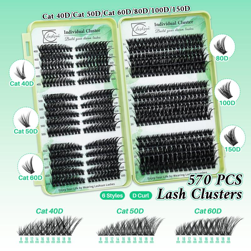 1915 PCS D-Curl Lash Clusters Kit, 11 Styles Cat Volume Spikes and Bottom Lashes Book with Bond and Seal, Remover, Brush, Applicator, Headband, Wristband and Lash Shampoo