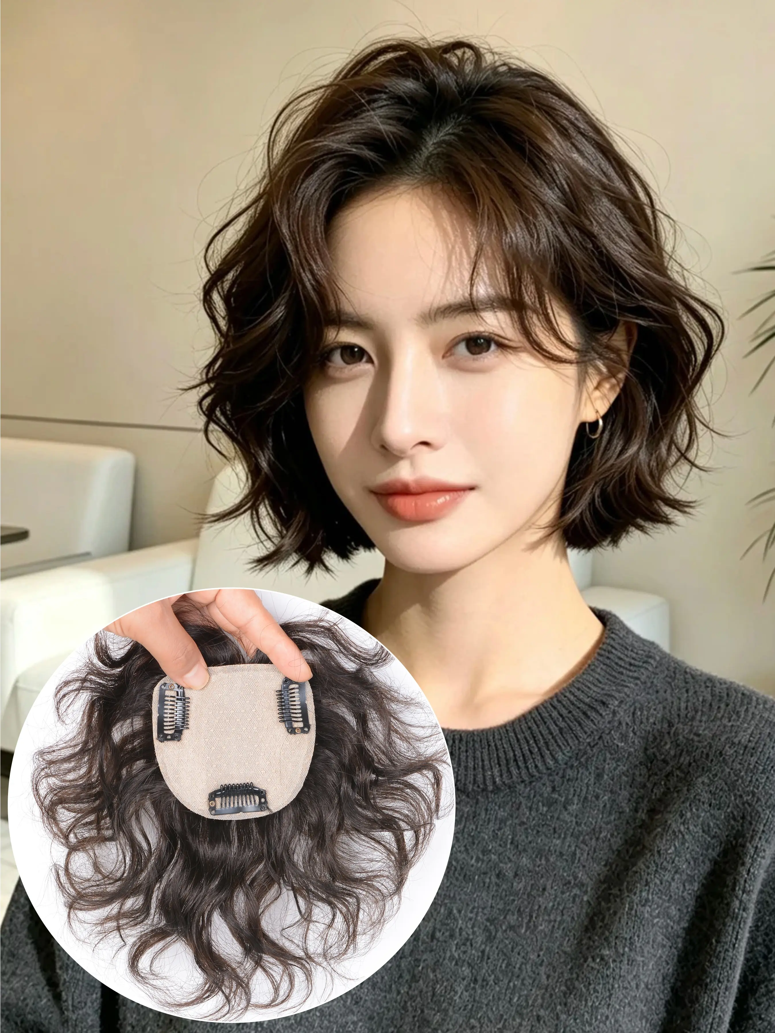 Long Wavy Hair Small Area Crown Patch, Lightweight Inner Mesh Real Human Hair Wig Piece, Women's Crown Coverage, Daily Styling