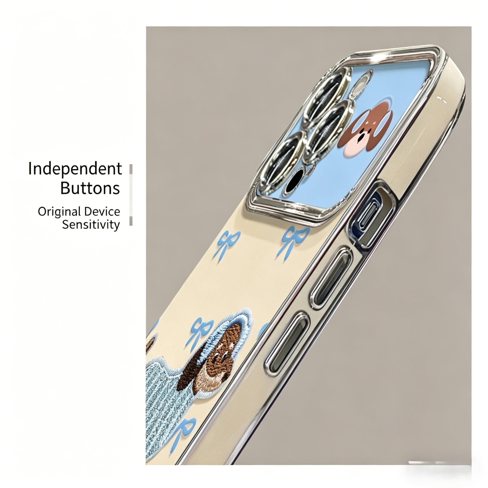 Cute Embroidered Dachshund Phone Case for iPhone 17 Pro Max/17 Pro/17 Air/17, Electroplated Silicone Shockproof Cover with Bling Wrist Strap, Blue Puppy Bowknot Design Protective Case for Women Girls