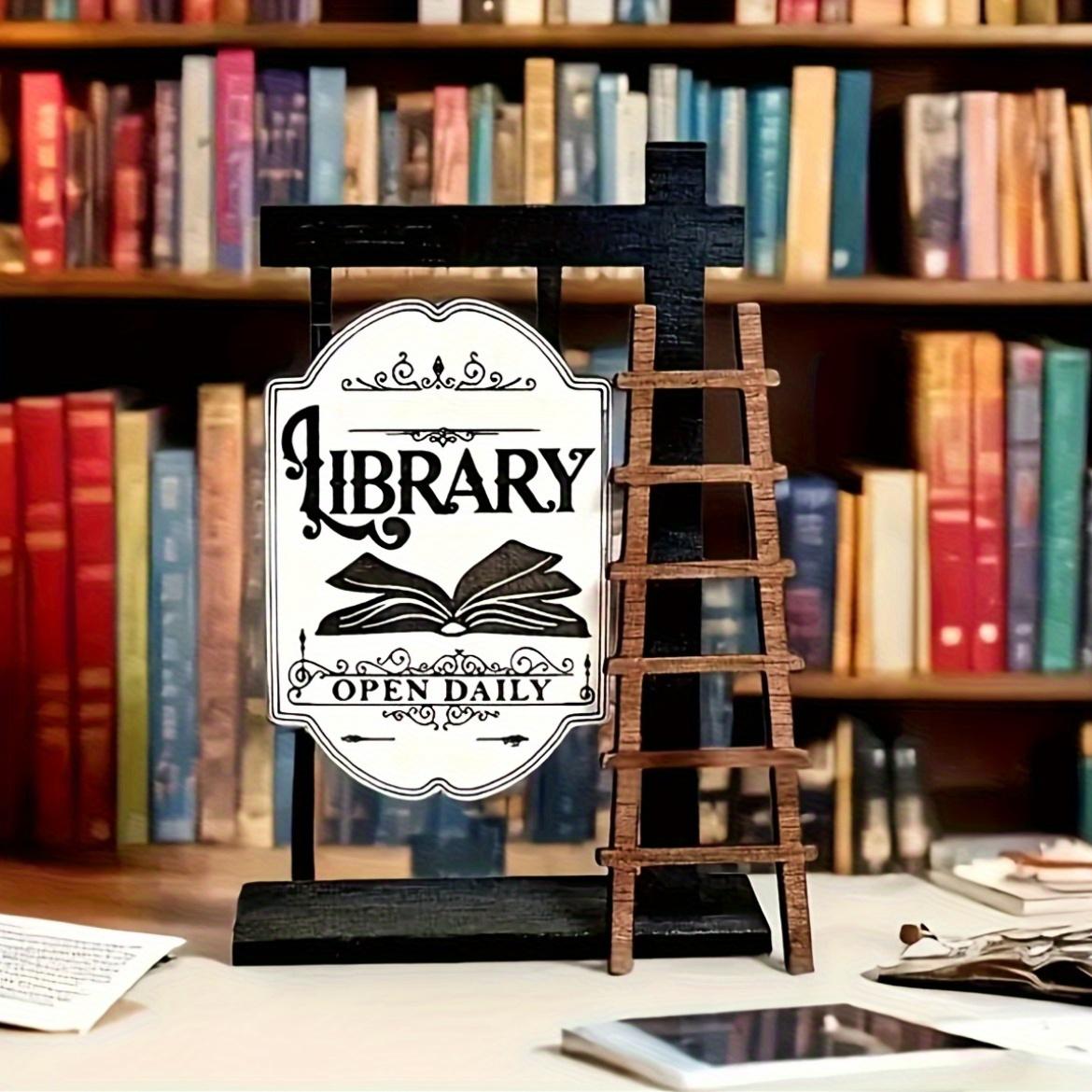 Vintage Wooden Library Sign, Elegant Shelf Design, Mini Desktop Decor, Wood Material, English Text, Home and Office, Desk Accessories