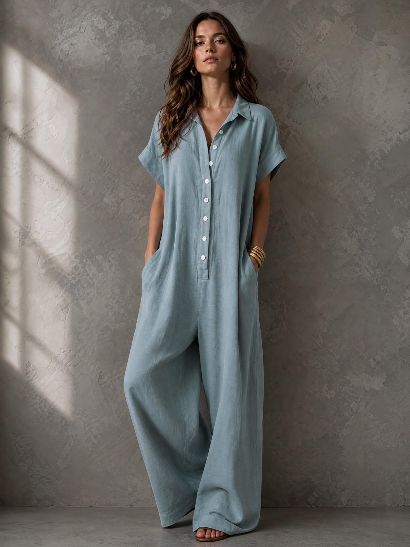 Women's Casual Loose-Fitting Breathable Jumpsuit, Summer Short Sleeve Collared Print Jumpsuit, Wide Leg Long Pants with Button Closure