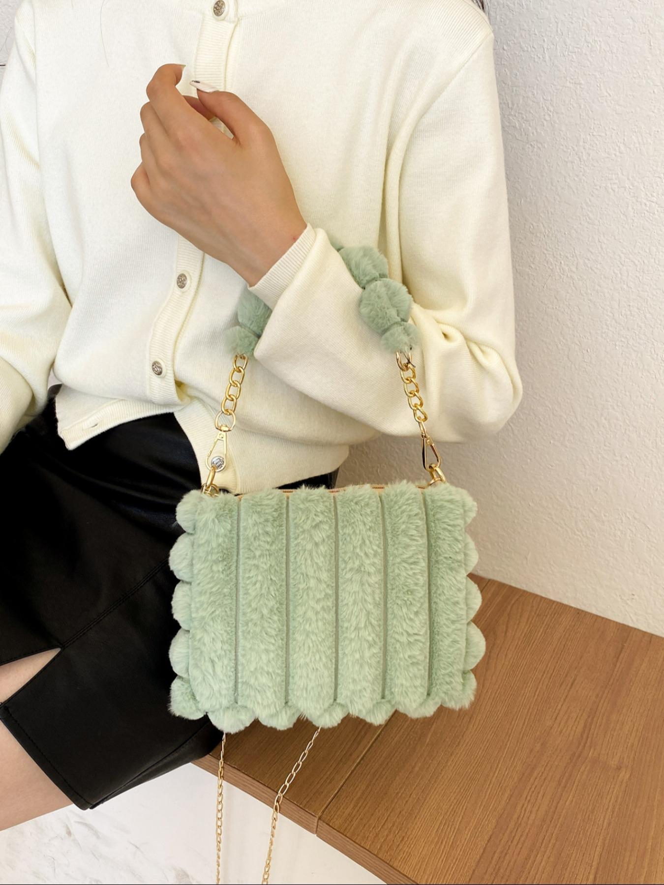 Soft Plush Detail Handbag, Cute Design Crossbody Bag for Girls & Women, Fluffy Handbag, Perfect for Fall Winter Season, Ideal Gift Choice