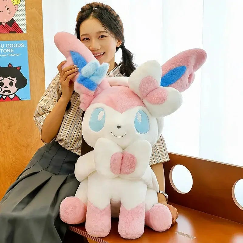 Sitting Pose Sylveon Plush Toy Huggable Soft Fluffy Stuffed Anime Doll Japanese Style Throw Pillow Sofa Bed Home Decor Gifts,panda,stitch,collectible,Brown,Owl,Squishmallow with Cap,Animated,Grinch,Standing Plush