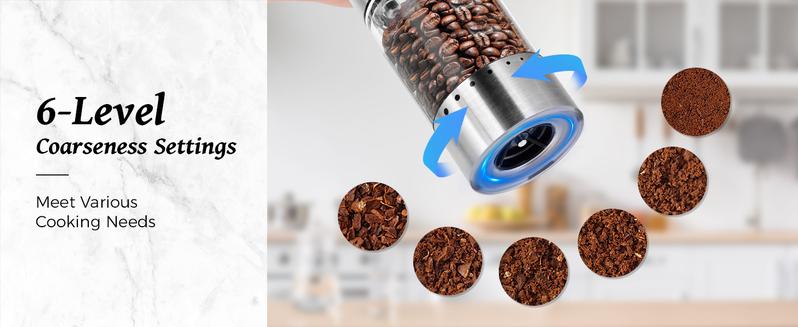 Pukomc Smart Electric Grinder Set – 6 adjustable coarseness levels, rechargeable base with LED light, one-handed operation, detachable for easy cleaning. Includes 12 grinding refills & accessories.