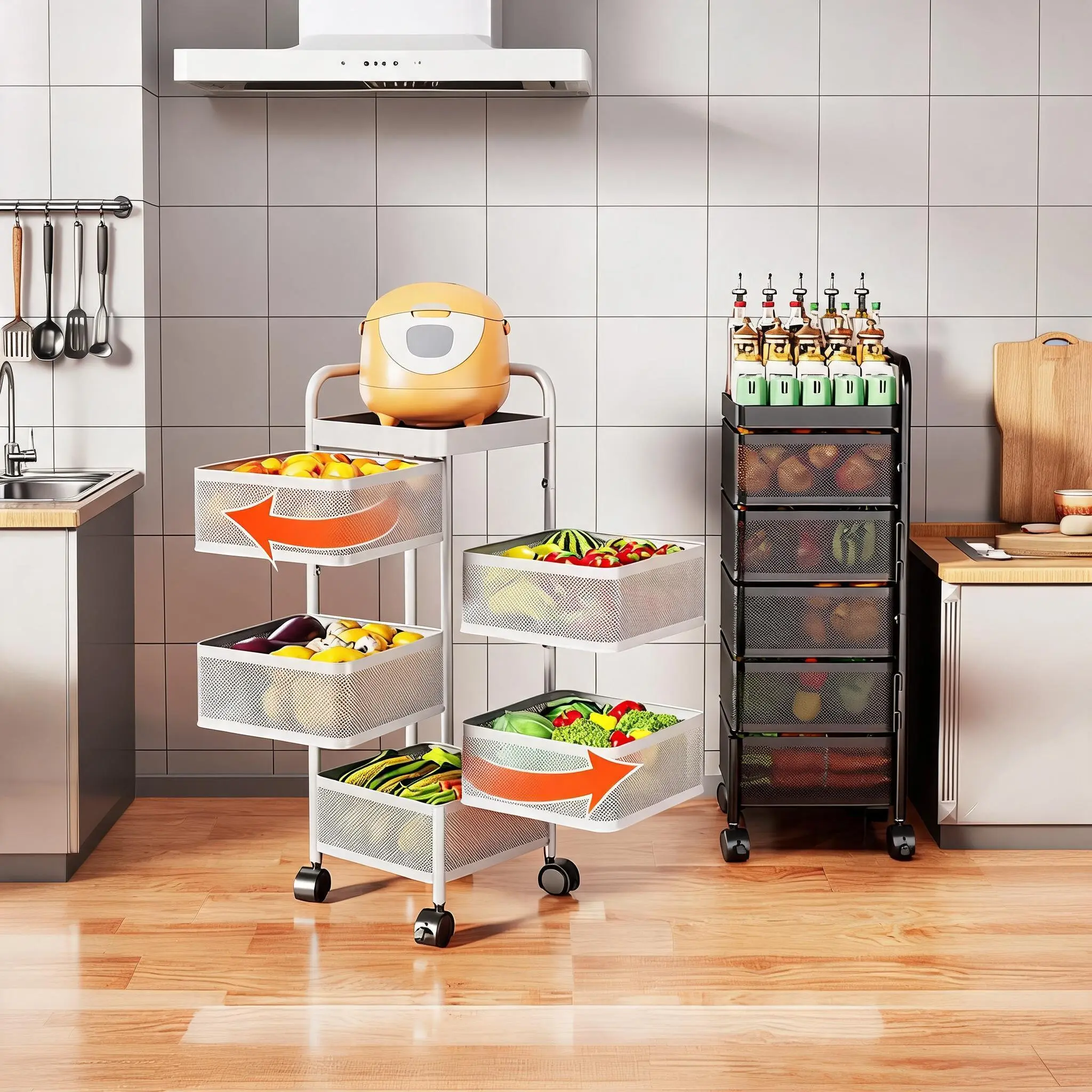 Compact 3-Tier Carbon Steel Kitchen Storage Cart, Mobile Organizer Rack with Rolling Wheels, Multi-Functional Metal Shelf for Fruits & Vegetables, Quick Easy Assembly, White, 3 Layers, Model:100233